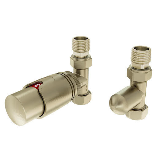 Solaro 15mm Thermostatic Straight Radiator Valve & Lockshield - Brushed Brass