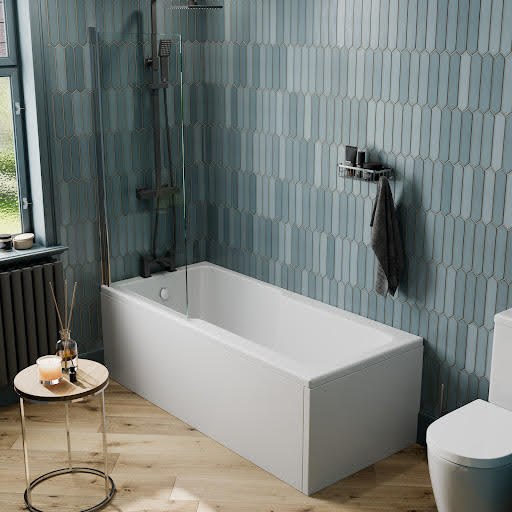 Affine Straight 1700x750mm Shower Bath & Chrome Square Shower