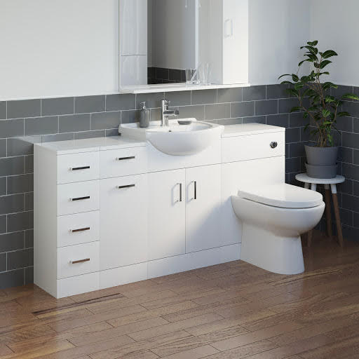 Essence White Gloss D-Shaped Toilet & Basin Vanity Unit, 4 Drawer Unit