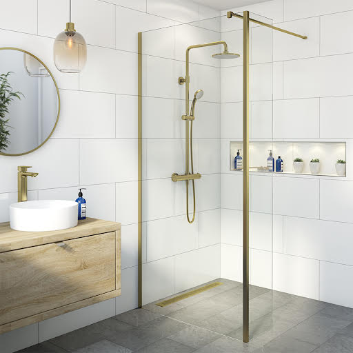 Diamond Walk In Shower Screen (Fixed Return) 800mm with 1400 x 800mm Tray - 8mm Brushed Brass