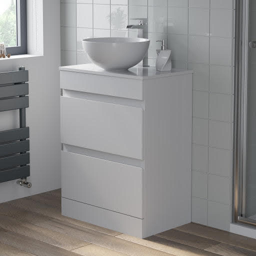 Artis White Gloss Free Standing Drawer Vanity Unit & Affine Cambrai Countertop Basin- 600mm Width
