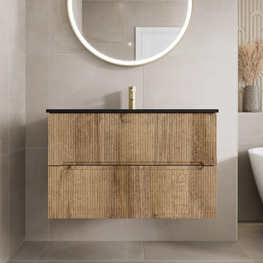Vitusso Fluted Wood Wall Hung Bathroom Vanity Unit with Black Basin 800mm