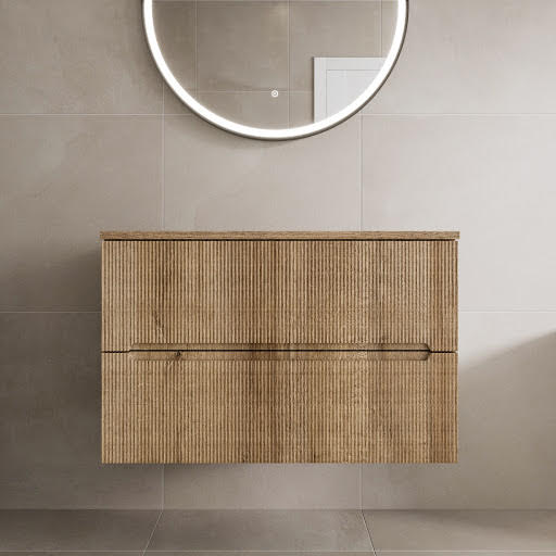 Vitusso Fluted Wood Wall Hung Bathroom Vanity Unit without Basin 800mm - Oak Top