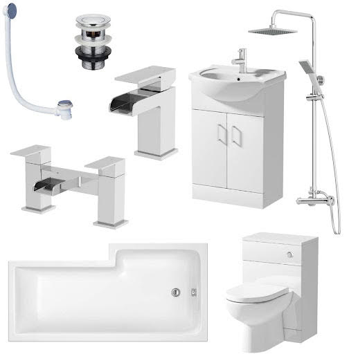 Amelie Bathroom Suite with L Shape Bath Taps Shower Screen & Vanity Unit Left Hand 1700mm