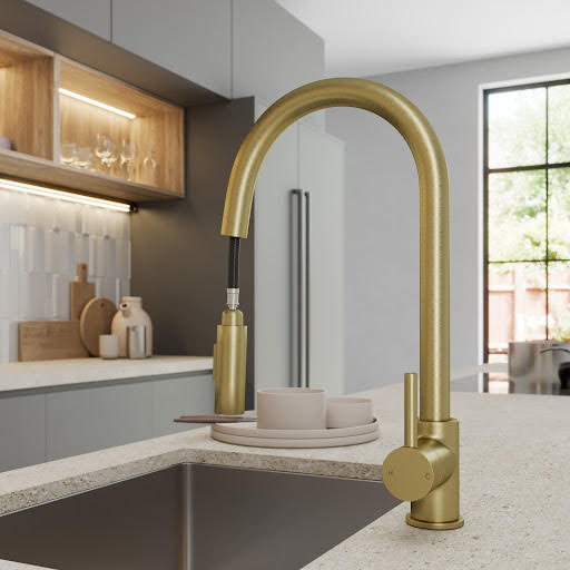 Sauber Carena Pull Out Kitchen Tap with Dual Spray - Single Lever Brushed Brass