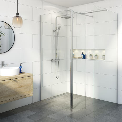 Diamond Wet Room Shower Screens with 1400 & 800mm Panels & Hinged Return Panel - 8mm Chrome