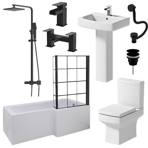 Affine Royan Black Bathroom Suite with 1700mm RH Bath, Toilet, Basin, Taps, Shower, Screen & Waste