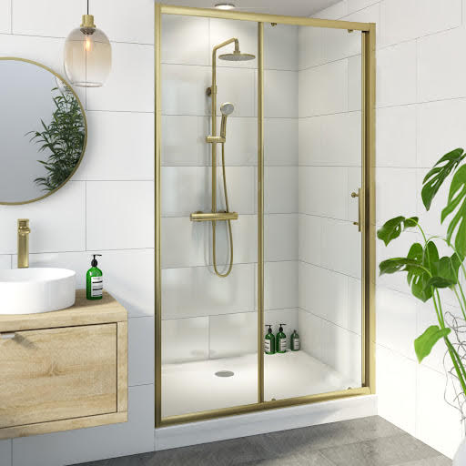 Luxura Sliding Shower Door 1400mm with 1400 x 900mm Raised Non Slip Tray and Waste 6mm Brushed Brass