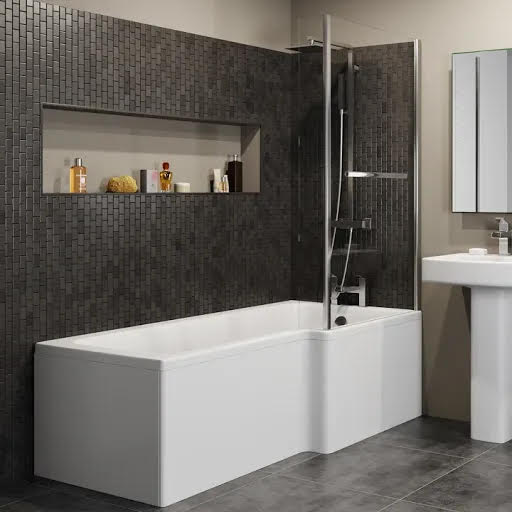 L Shaped Shower Bath, Bath Screen with Rail & Bath Panel 1600mm RH