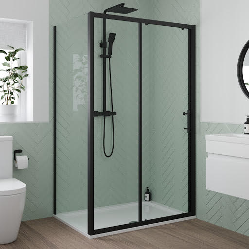 Photos - Shower Screen Luxura Sliding Shower Enclosure 1400 x 800mm with Tray - 6mm Black FMDSLD1