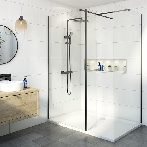 Diamond Walk-In Shower Screen (Fixed Return) 800mm with 1400 x 700mm Anti Slip Tray - 8mm Black