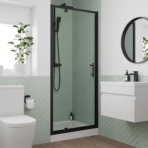 Luxura Pivot Shower Door 760mm with 760 x 760mm Raised Non Slip Tray - 6mm Black
