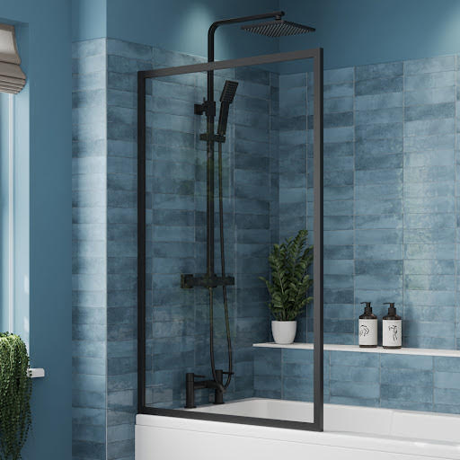 Luxura Square Fixed Bath Shower Screen 800mm Matt Black 6mm
