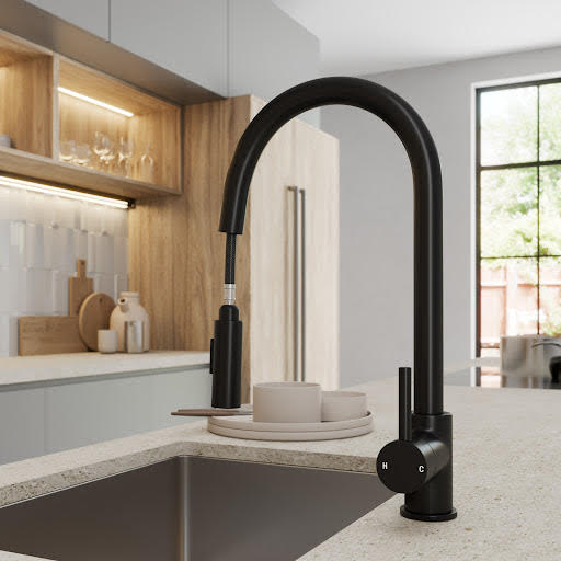 Sauber Astano Pull Out Kitchen Tap with Dual Spray - Single Lever Black